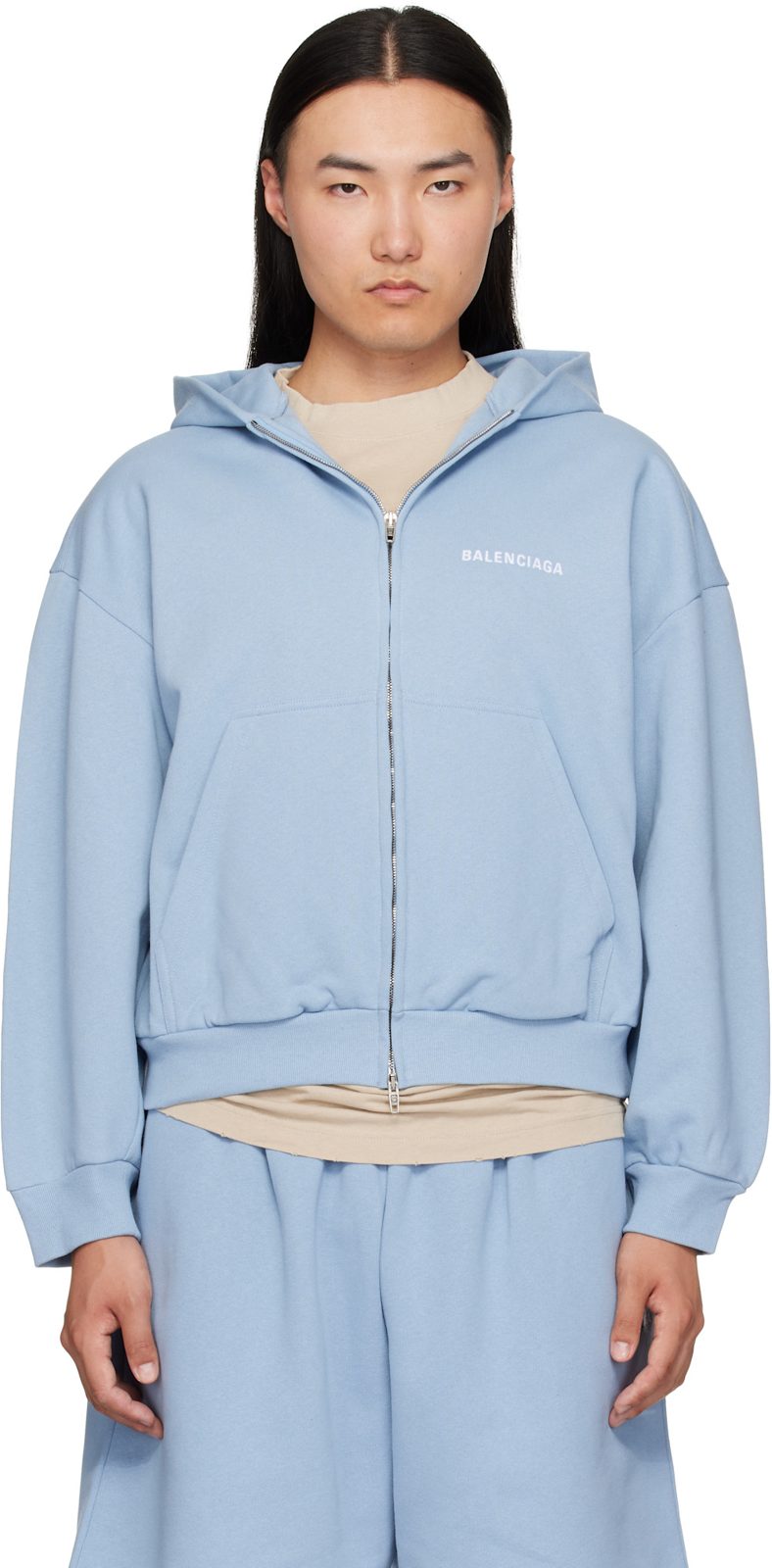 Blue Embroidered Zip-Up Hoodie 261342M202015