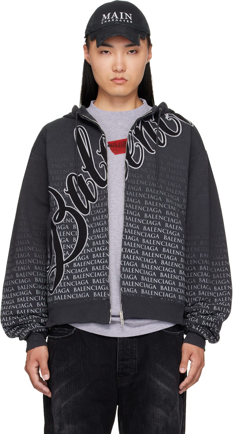 Black Oversized Zip-Up Hoodie 261342M202006
