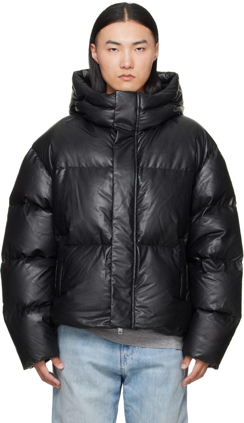 Black Faux-Leather Hooded Puffer Down Jacket 262188M178001