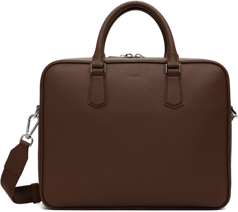 Brown Grained Leather Briefcase 262085M167006