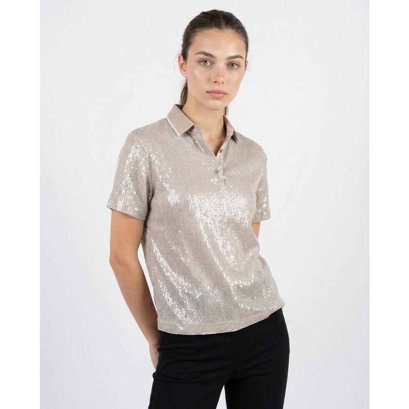 Brunello Cucinelli Womens Silver Silk Blend Sequin Polo Shirt