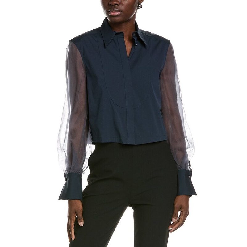 Brunello Cucinelli Womens Navy Shirt With Sheer Sleeves