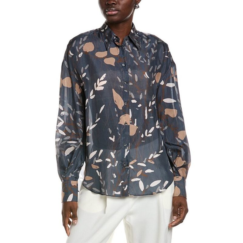 Brunello Cucinelli Womens Navy Floral Button-Up Shirt