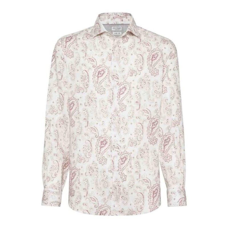 Brunello Cucinelli MenS Raspberry Paisley Linen Shirt
