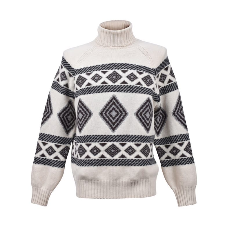 Brunello Cucinelli MenS White Black Cashmere Patterned Turtleneck Sweater