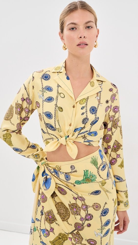 Printed Crop Silk Twill Shirt_Burro/Azur/Gold