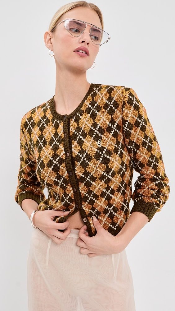 Boucle Argyle Knit Cardigan_Brown/Orange
