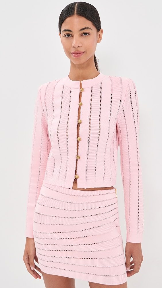 Buttoned Flechage Knit Cardigan_Rose