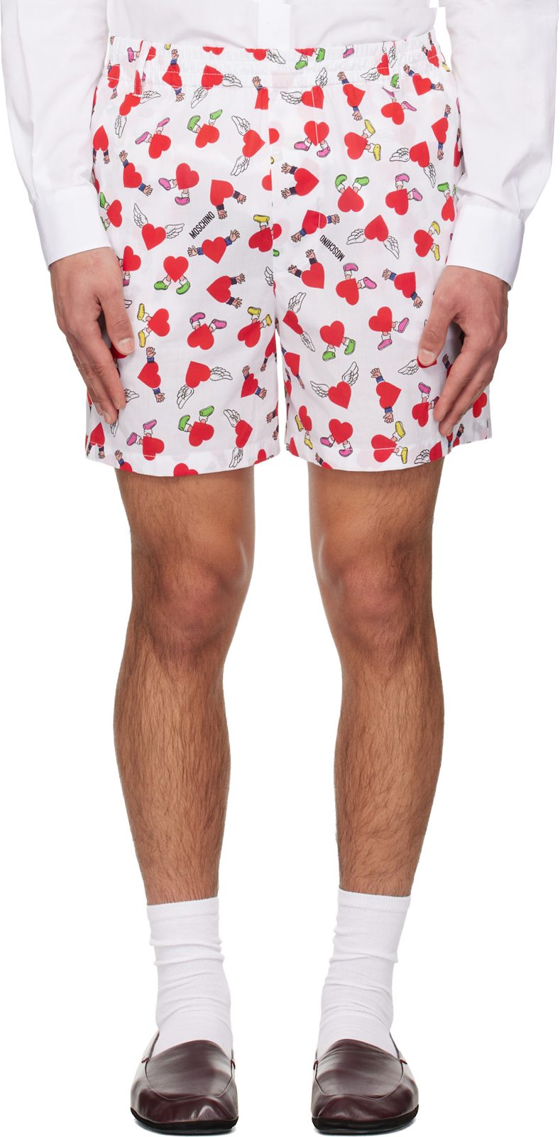 Moschino White & Red Print Lightweight Cotton Poplin Shorts 261720M193002