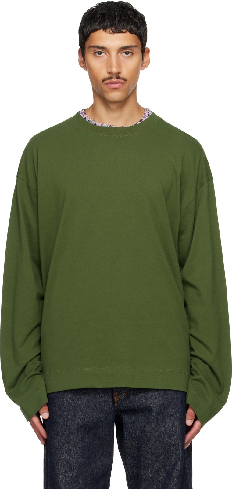 Green Long Sleeve Cotton T-shirt 262358M213007