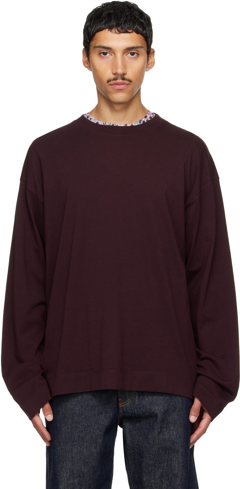Burgundy Long Sleeve Cotton T-shirt 262358M213009