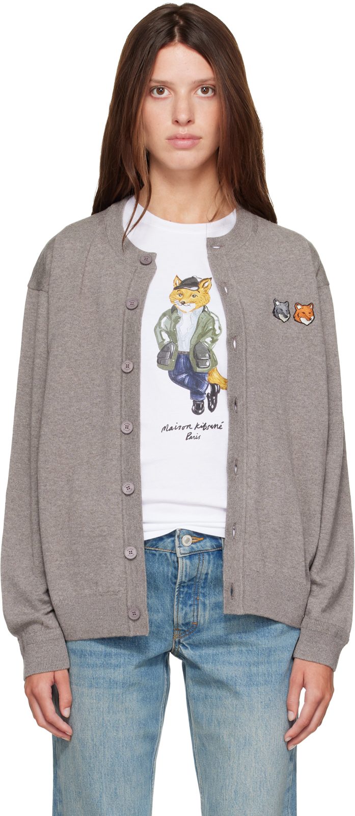 Maison Kitsune Taupe Double Fox Head Comfort Cardigan 262389F095002