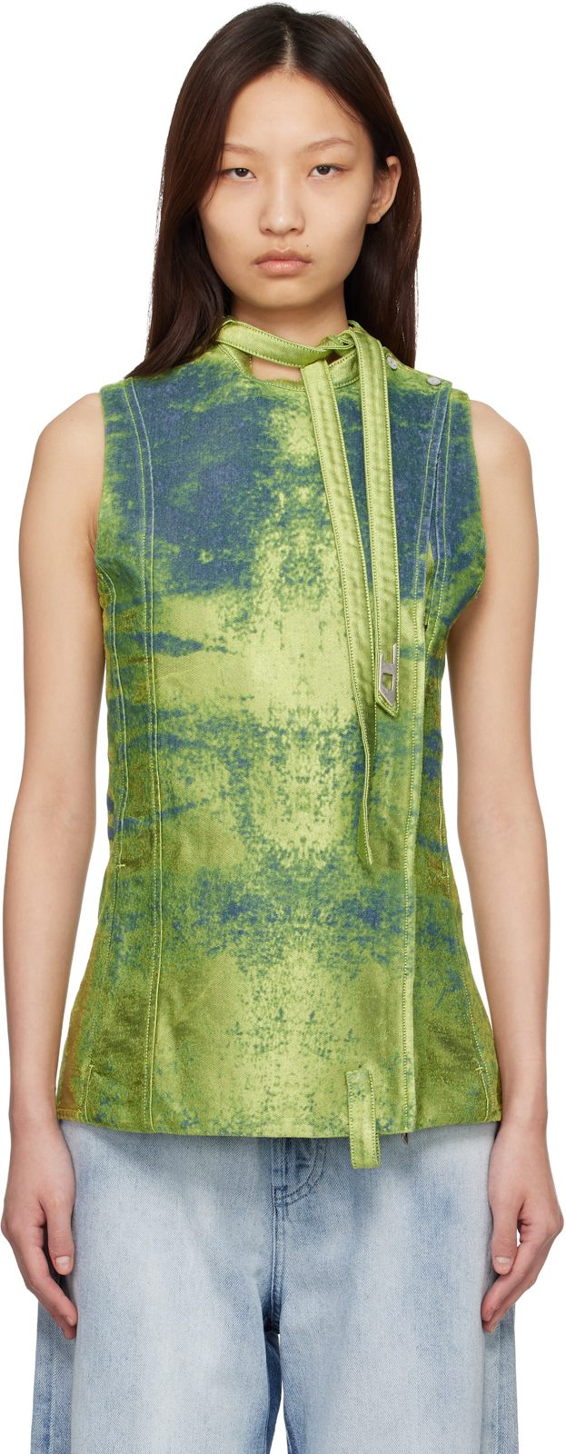 Green Belted Satin Denim Vest 261001F107000