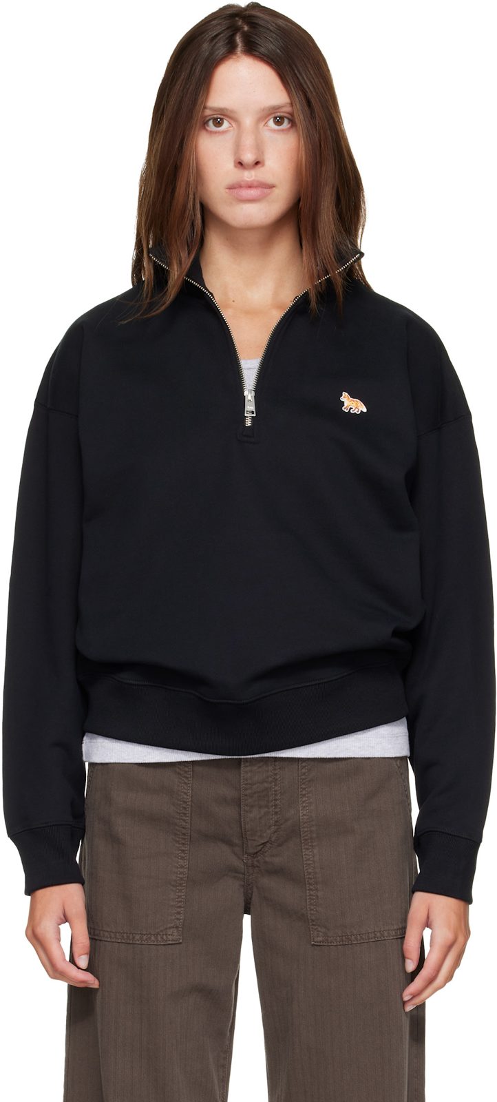 Maison Kitsune Black Baby Fox Half Zipped Sweatshirt 262389F098002