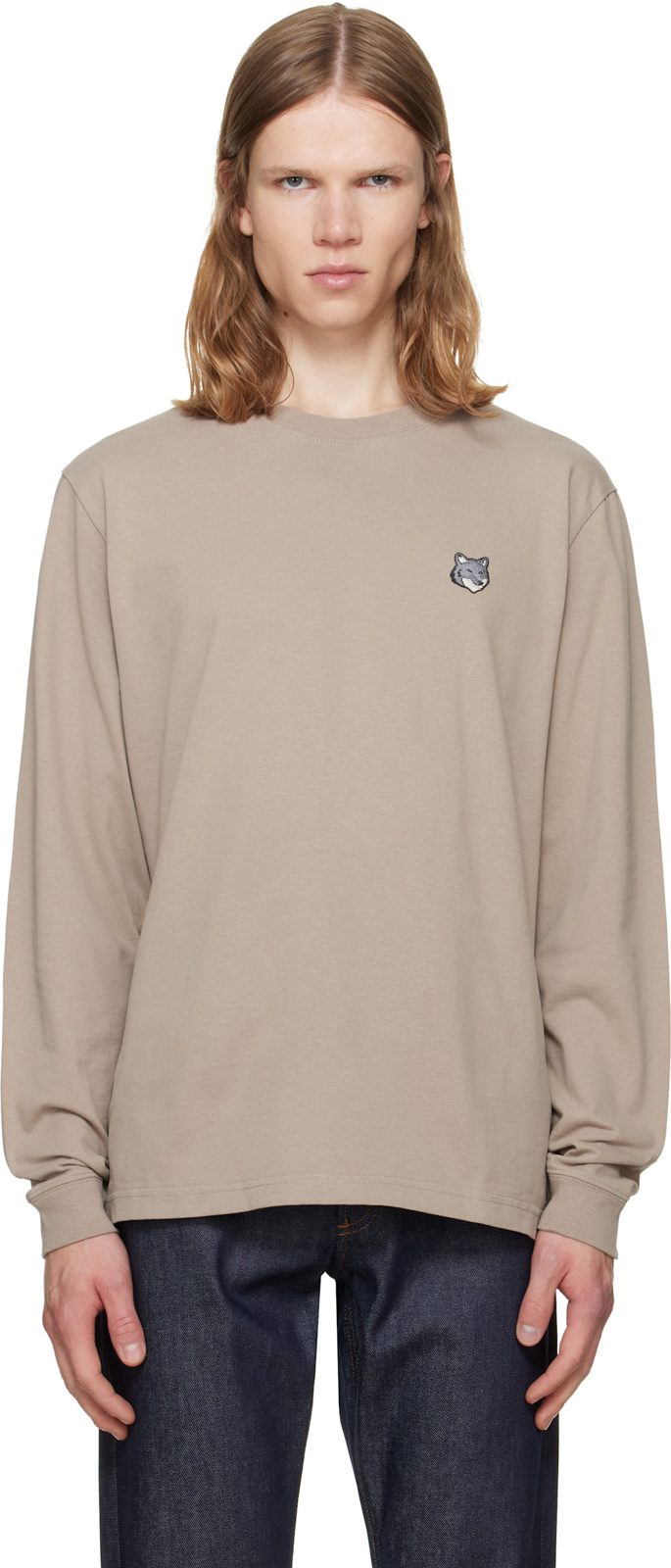 Maison Kitsune Taupe Fox Head Comfort Long Sleeve T-shirt 262389M213008