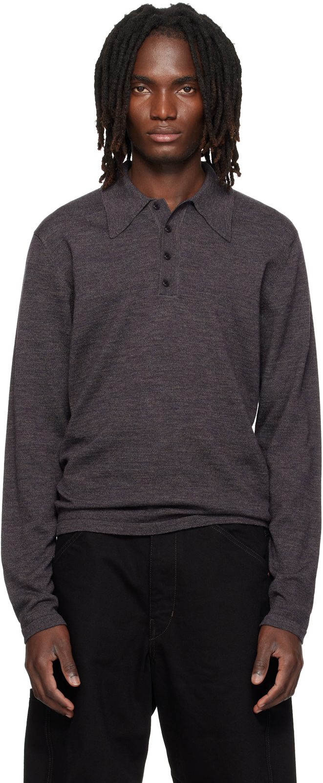 Gray Long-Sleeve Fine Mouline Merino Wool Polo 262646M212000