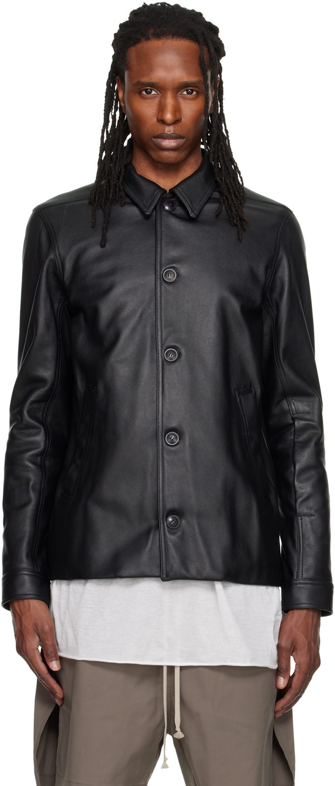 Black Buttoned Brad Leather Jacket 262232M181009