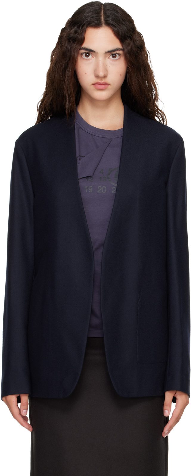 Navy Minimal Virgin Wool Blazer 262168F057001