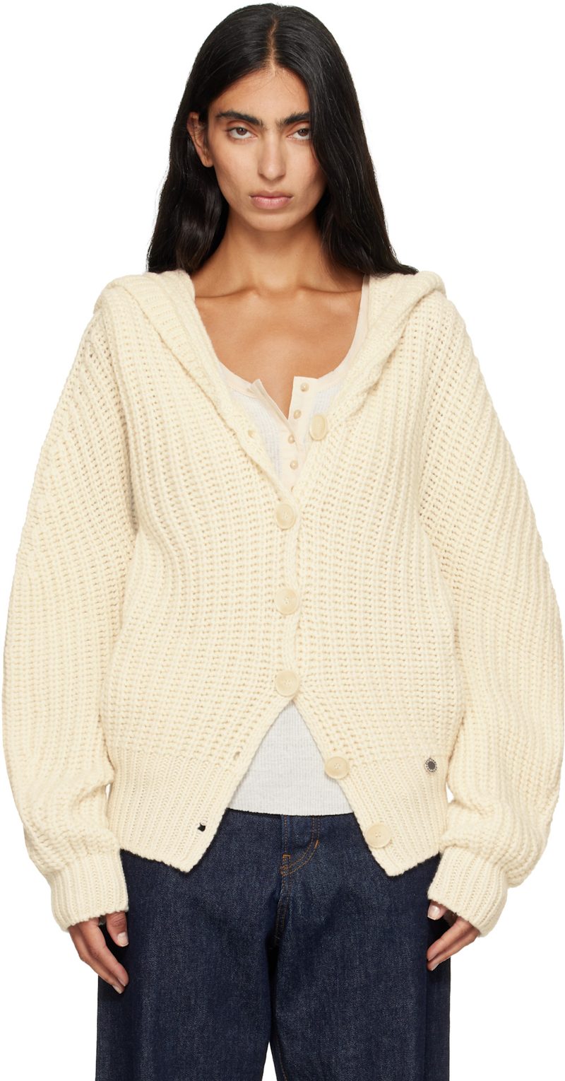 Beige Chunky Ribbed Hooded Cardigan 262471F095000