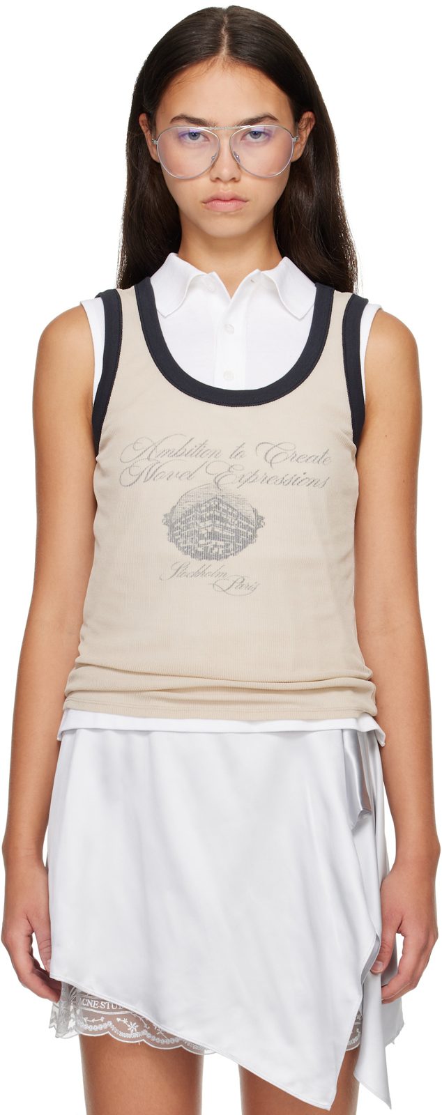 Beige & Black Ribbed Tank Top 262129F111005