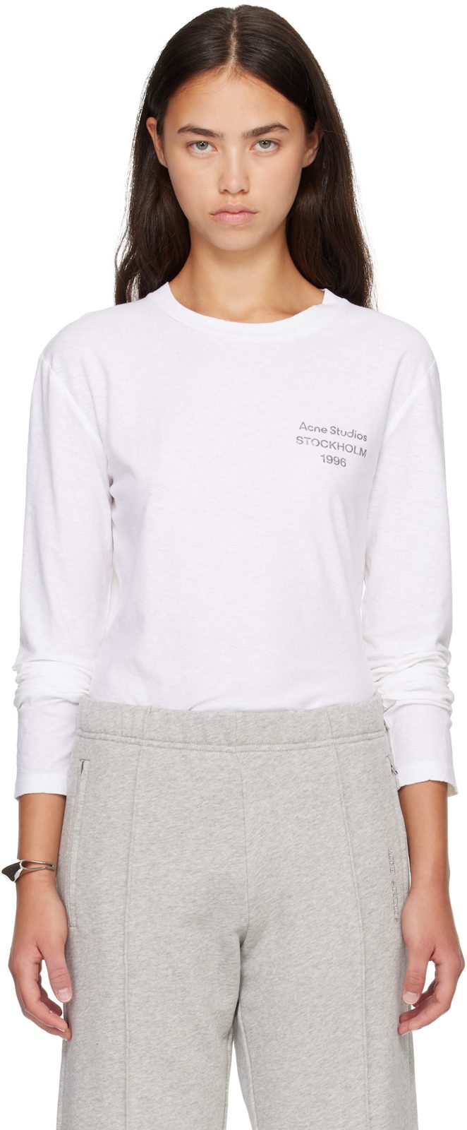 White Distressed Logo Long Sleeve T-shirt 262129F110080