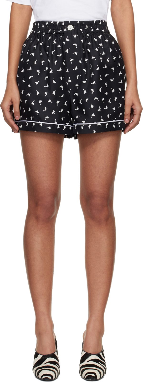 Moschino Black All Over Small Goose Print Silk Twill Shorts 261720F088000