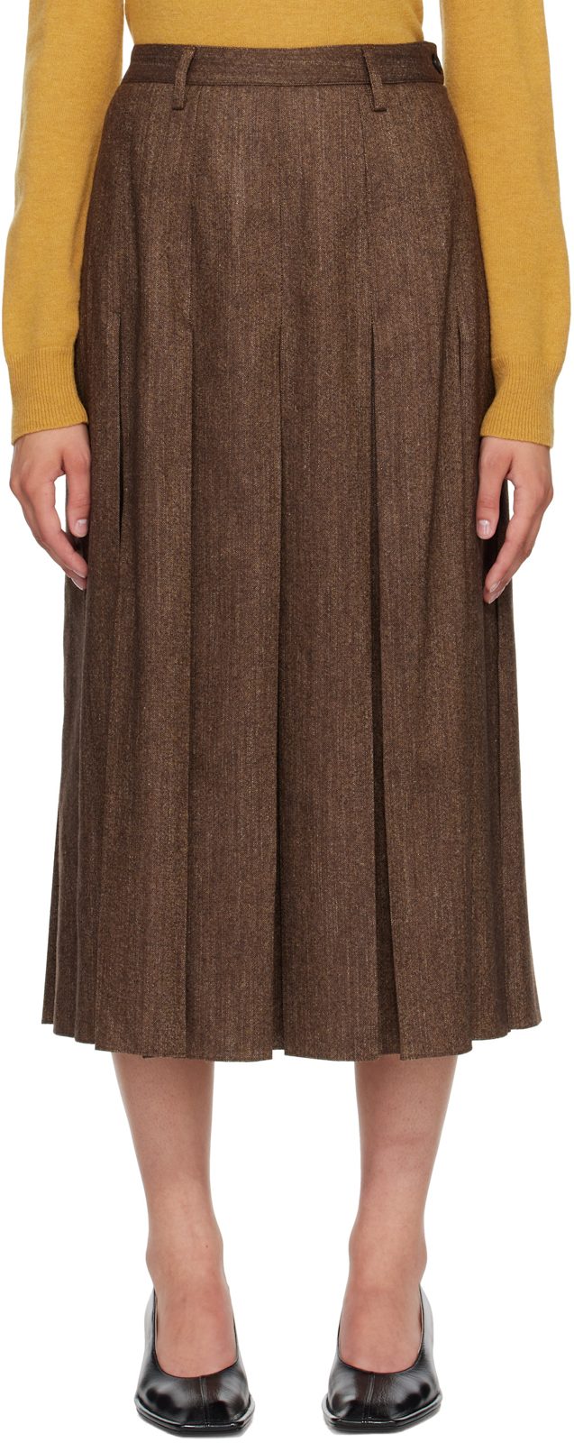 Brown Mottled Wool Midi Skirt 262188F092010