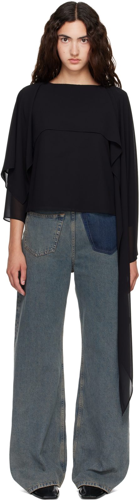 Black Chiffon Long-Sleeved Blouse 262188F107000