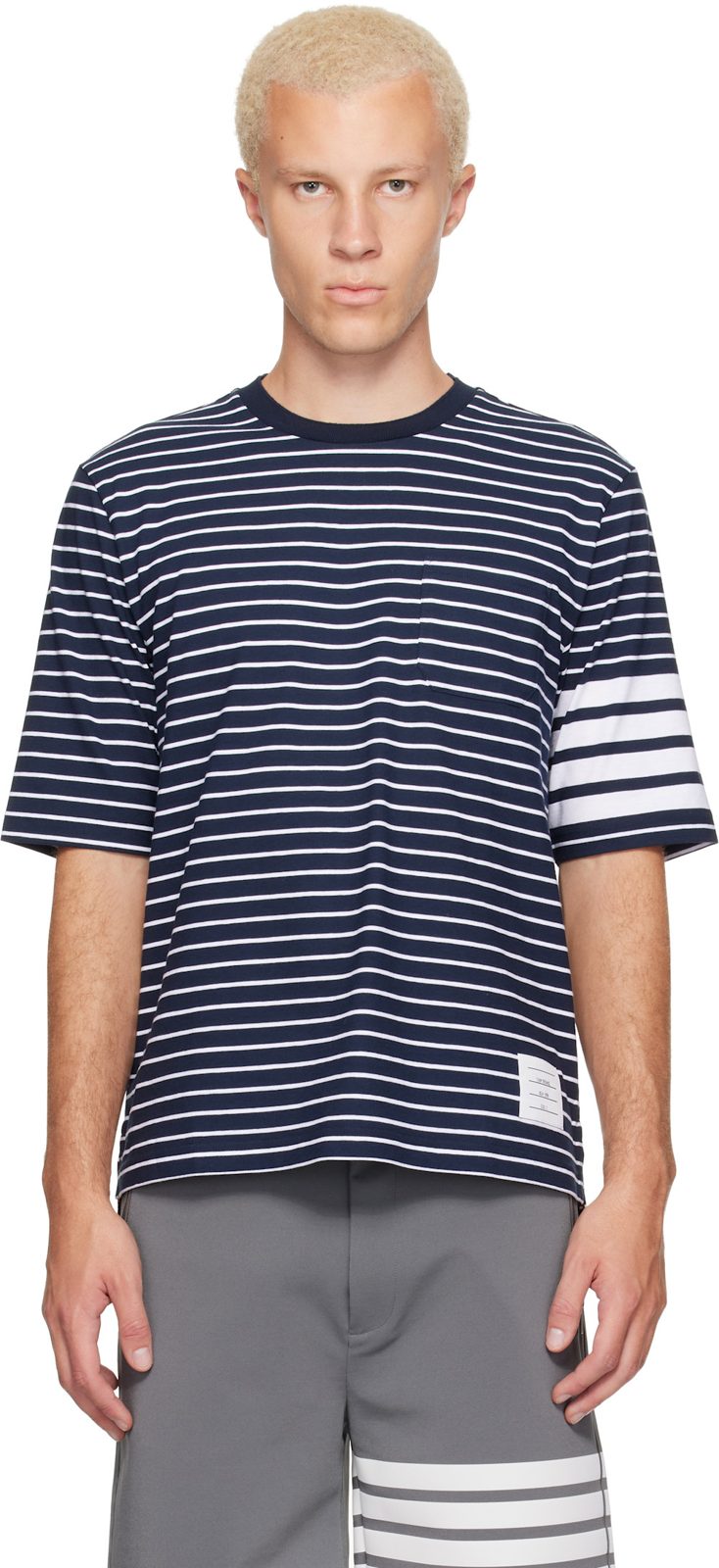 Navy & White Jersey 4-Bar Knit Pocket T-shirt 262381M213000