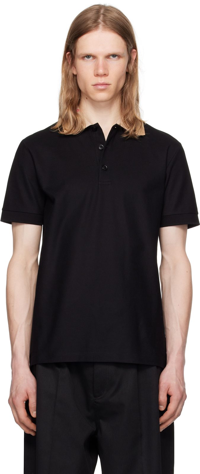 Black Check Collar Cotton Polo 252376M212002