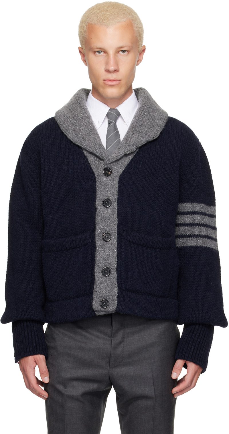 Navy & Gray Browne 65 Jersey Intarsia Shawl Collar Cardigan 262381M200010