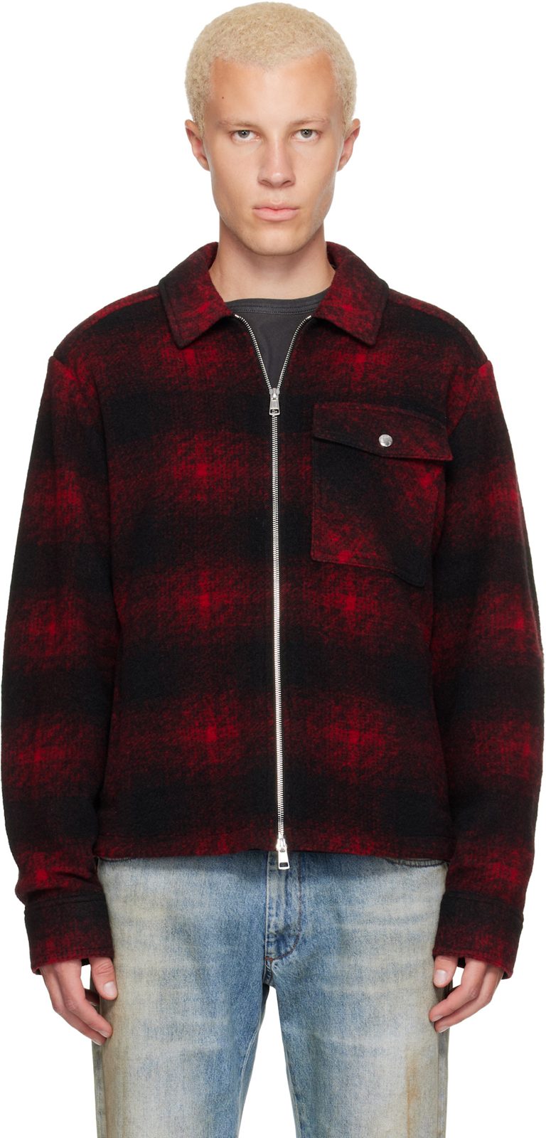 Red Check Jersey Zip-Up Shirt 262111M192004