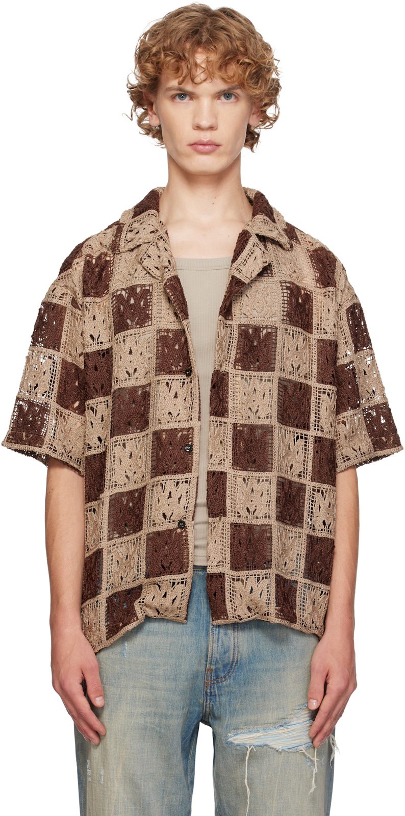 Beige & Brown MA Quad Checker Oversized Camp Shirt 262886M192009