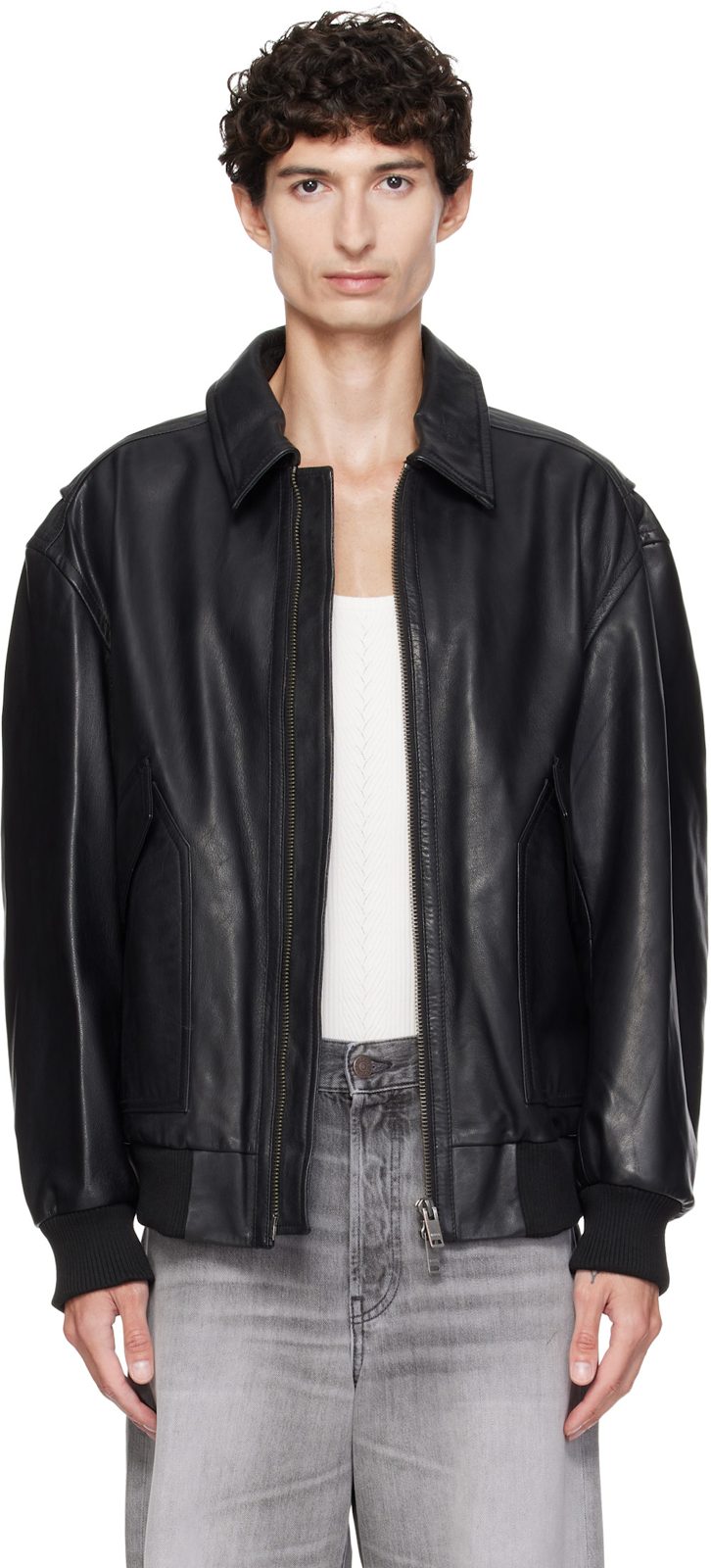 Black Washed Aviator Leather Jacket 262085M181005