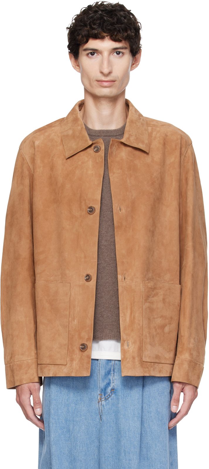 Tan Button-Up Suede Checkered Lining Leather Jacket 262085M181000