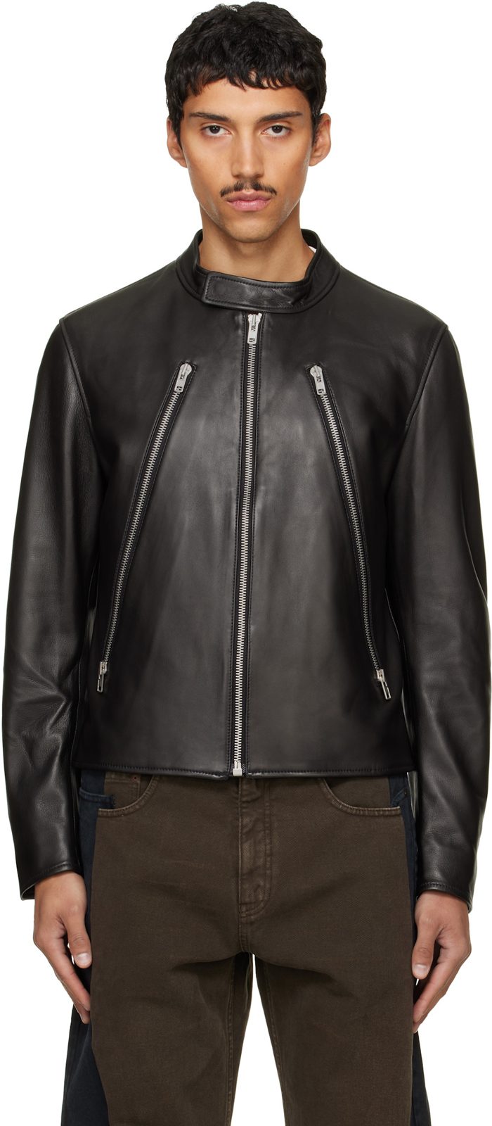 Black 5-Zip Leather Jacket 262168M181002
