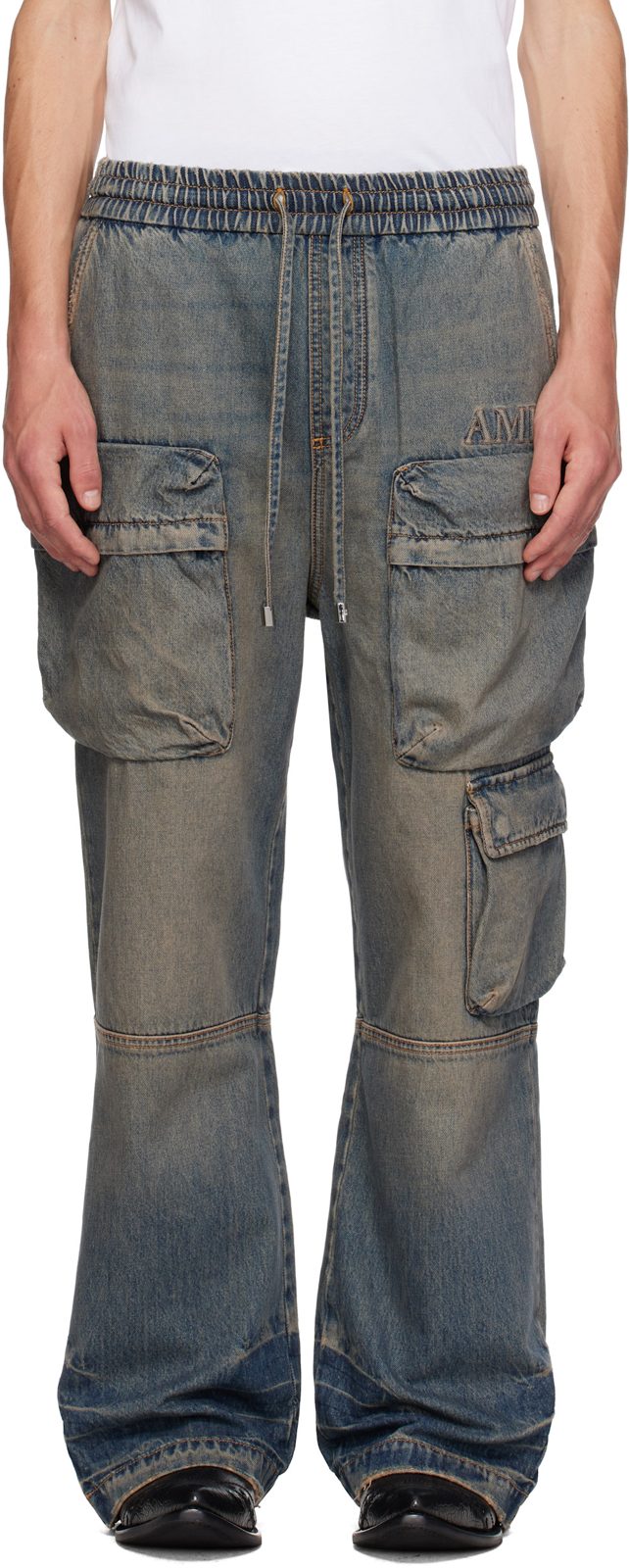 Blue Drawstring Baggy Denim Cargo Pants 262886M188000