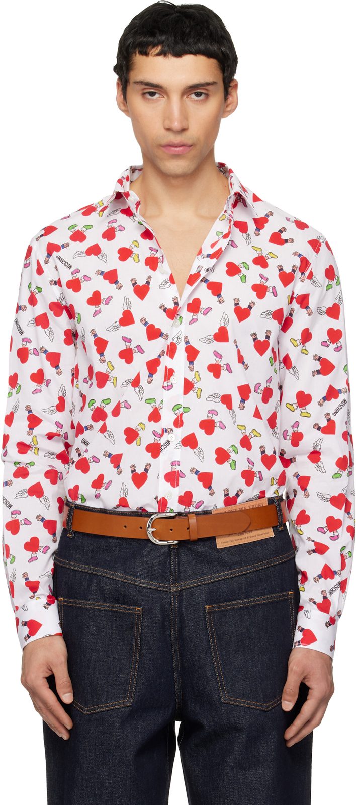 Moschino White & Red Print Lightweight Cotton Poplin Shirt 261720M192001