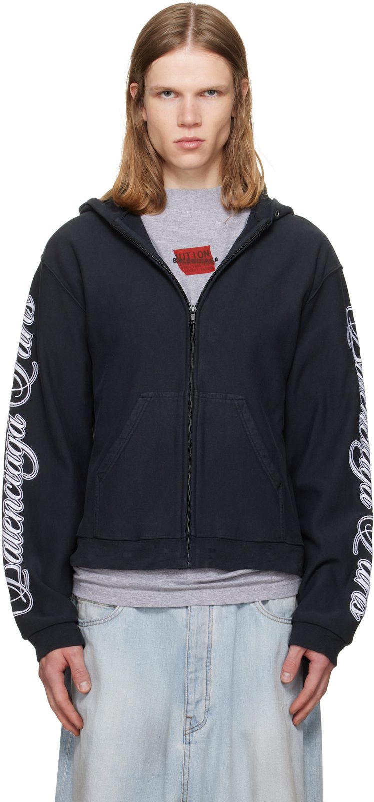 Black Cursive Zip-Up Regular Fit Hoodie 261342M202017