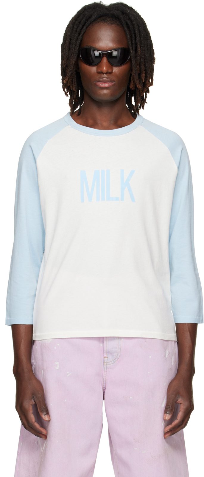White & Blue Milk Graphic T-shirt 262129M213057