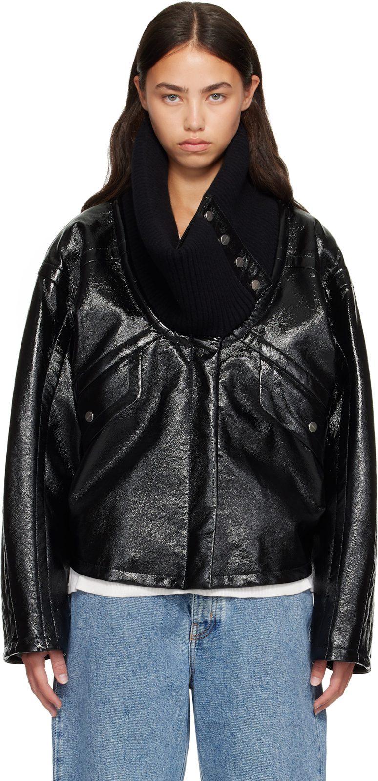 Black Short Vinyl Coat 262254F063000