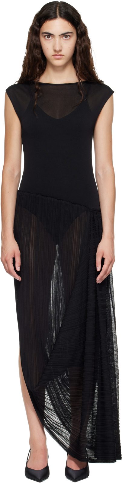 Black Long Draped Viscose Maxi Dress 262251F055000