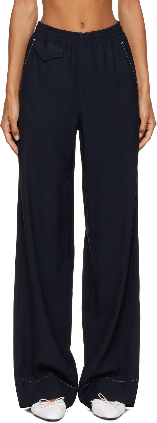 Navy Topstitched Trousers 262252F087003
