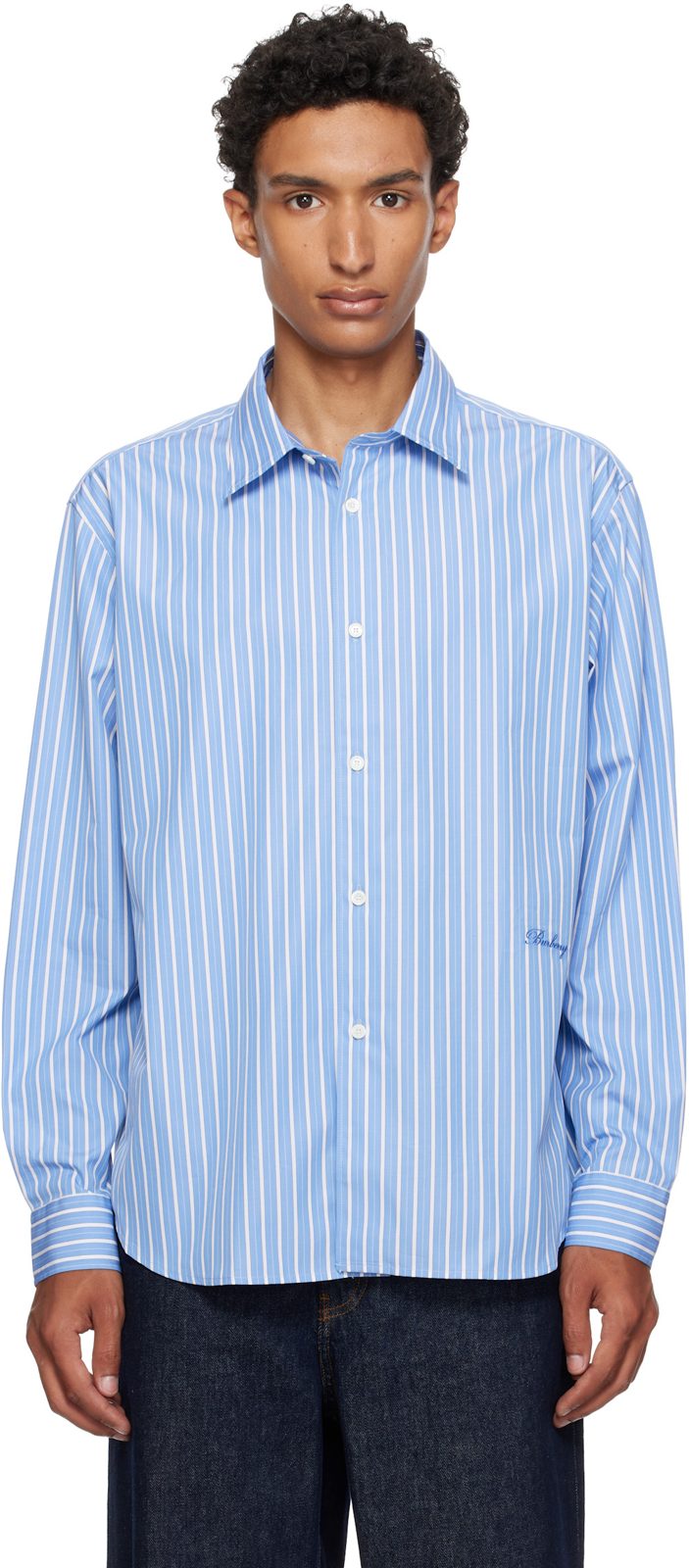 Blue Relaxed Fit Striped Cotton Shirt 262376M192001