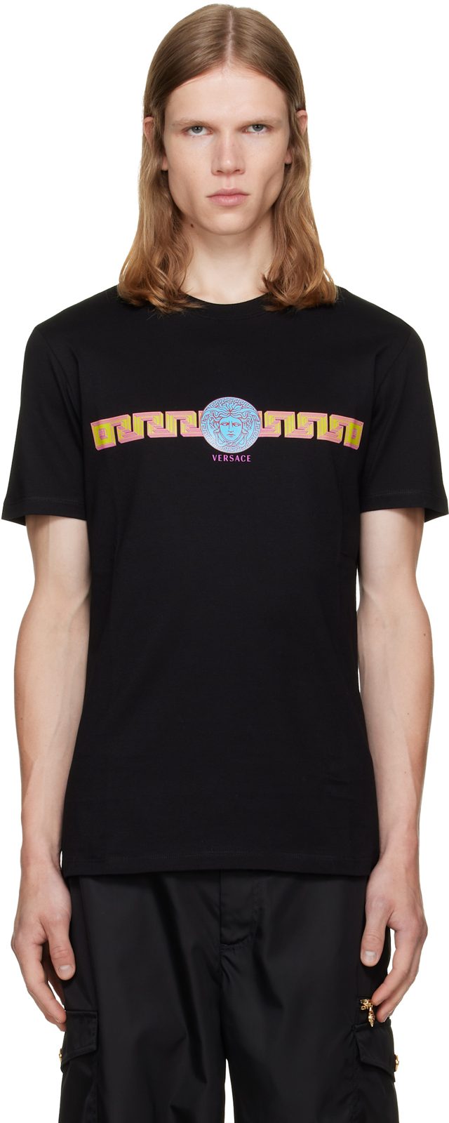 Black Printed Cotton Jersey Slim T-shirt 262404M213029