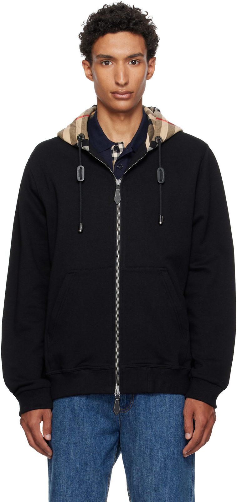 Black Check Hood Cotton Zip Hoodie 262376M202001