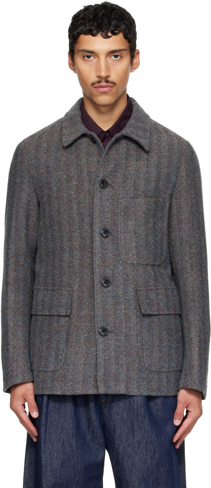 Gray & Blue Wool Jacket 262358M180003