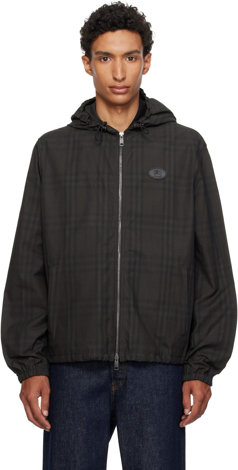 Black Check Cotton Newport Hooded Jacket 262376M180001