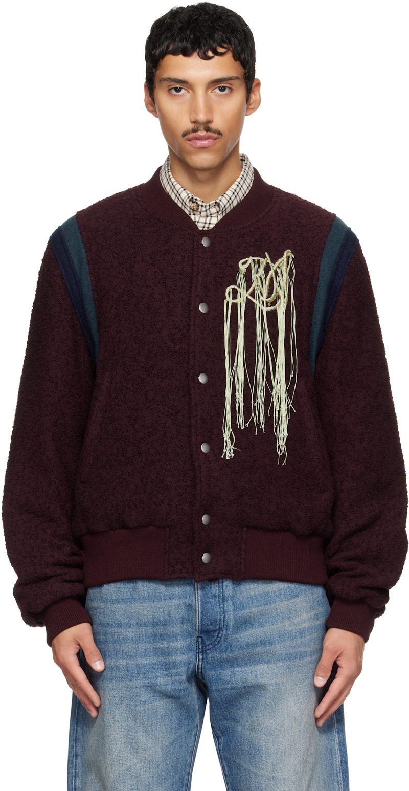 Burgundy Fringe Bomber Jacket 262358M175002
