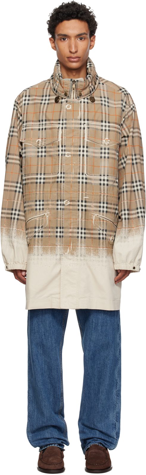 Beige Gradient Check Tropical Gabardine Parka 262376M176000